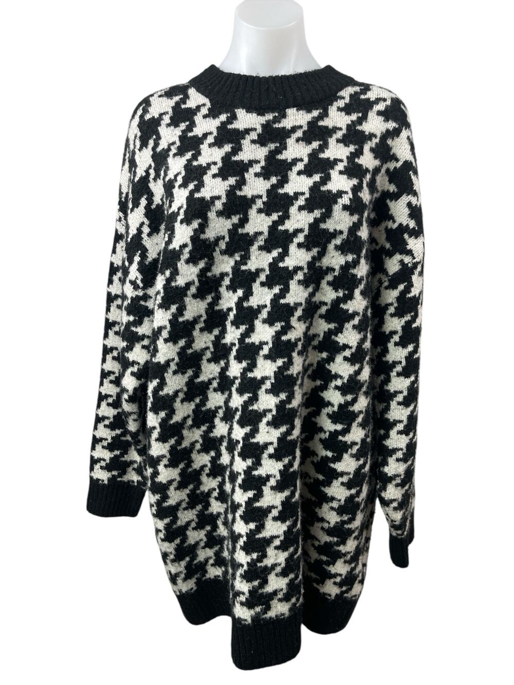 H&M Womens Houndstooth Crew Neck Long Sleeve Tunic Sweatshirt Sweater Top Size L